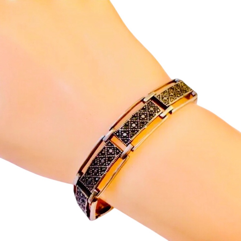Vintage Sterling Silver & Marcasite Link Bracelet Open Work